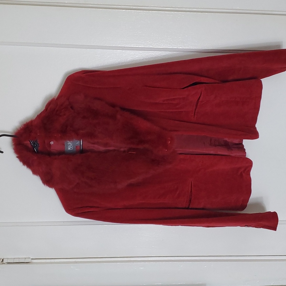 Wilson's Leather Brand Cotton/spandex blazer with detachable Rabbit fur collar